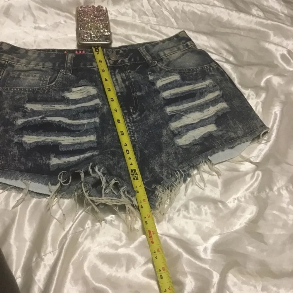 Dollhouse Blue Acid Wash Distressed Jean Denim High waisted Shorts 8